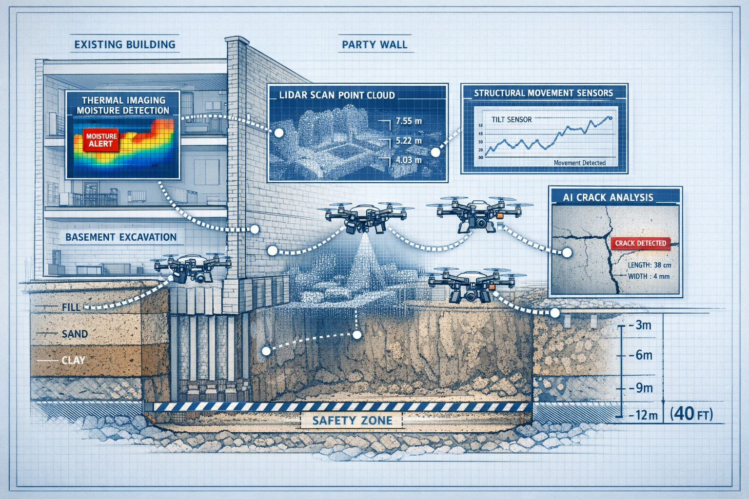 () technical illustration showing cross-section view of deep foundation excavation next to party wall with autonomous drone