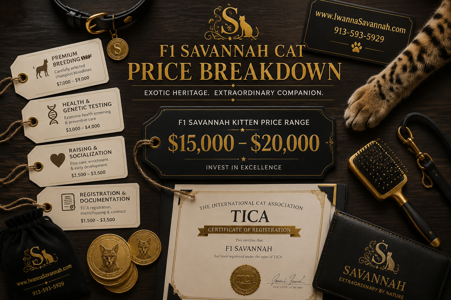 () overhead flat-lay style image showing F1 Savannah cat price breakdown visual: elegant price tags, premium cat