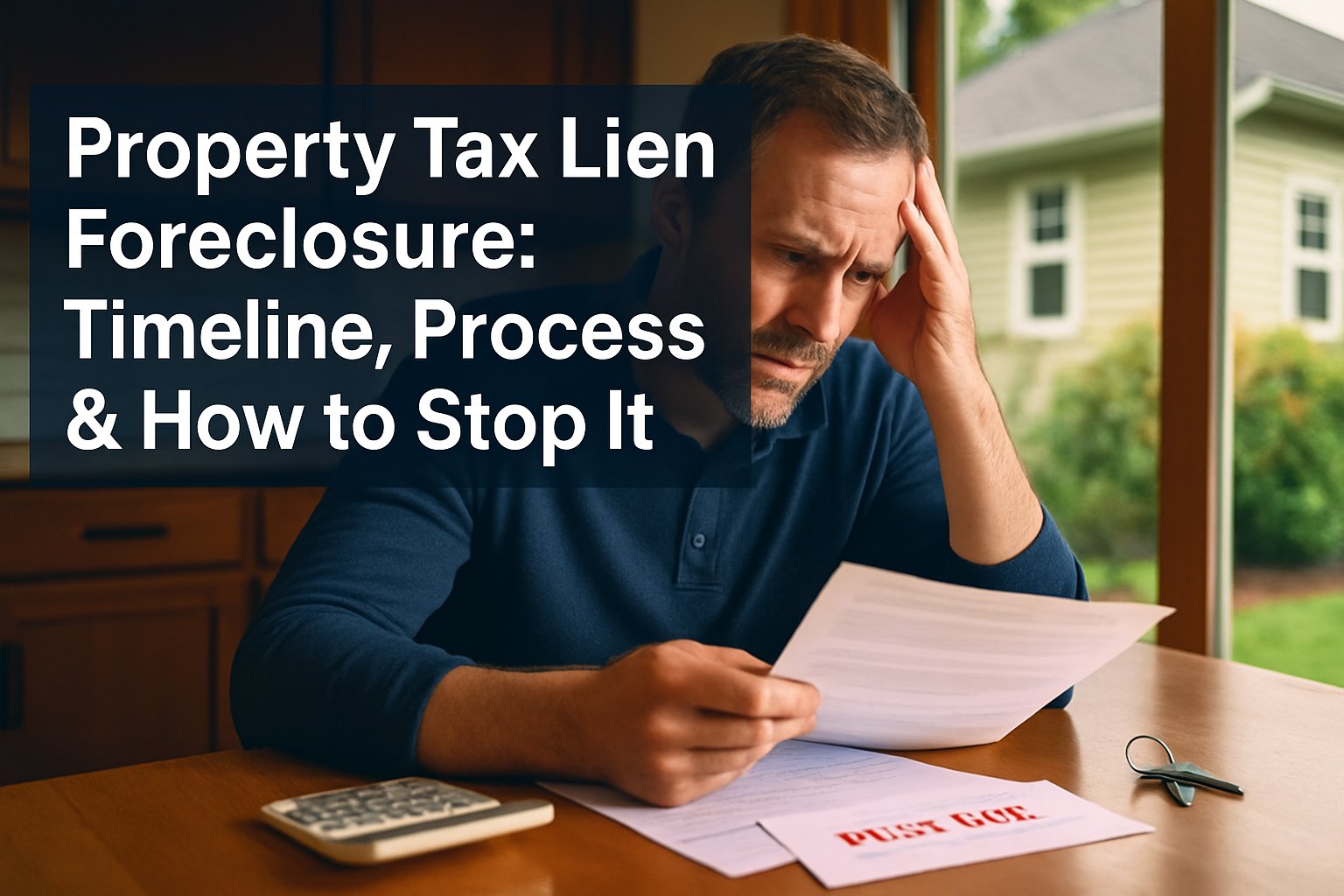 Professional landscape hero image (1536x1024) featuring bold text overlay 'Property Tax Lien Foreclosure: Timeline, Process & How to Stop It