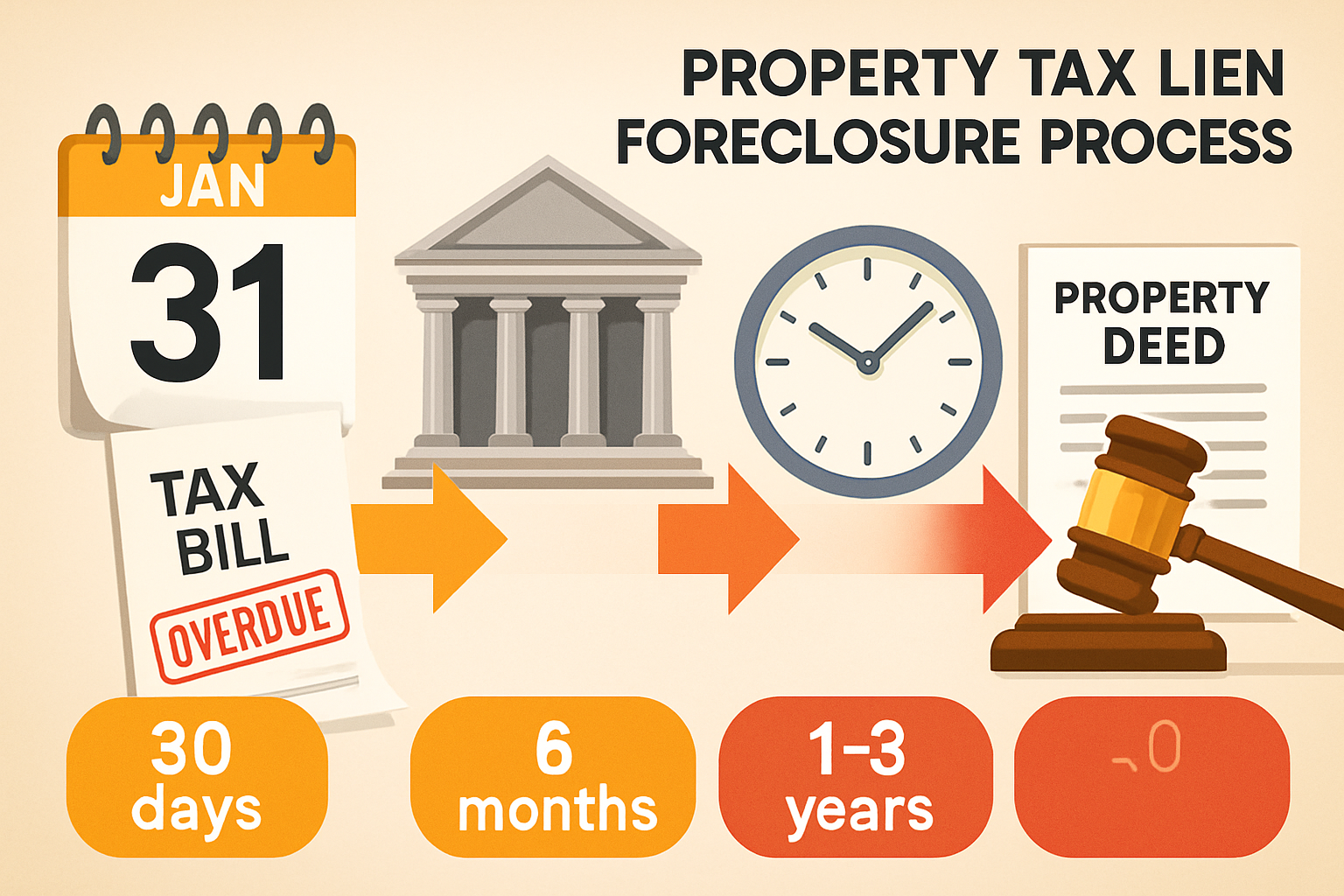 Detailed timeline infographic illustration (1536x1024) showing property tax lien foreclosure process stages from initial delinquency through