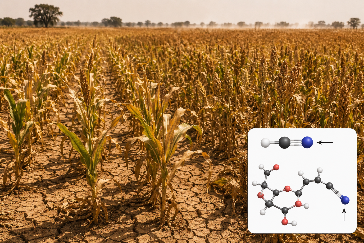 Wide aerial () showing a vast agricultural field of maize and sorghum crops under drought stress, with visibly yellowed and