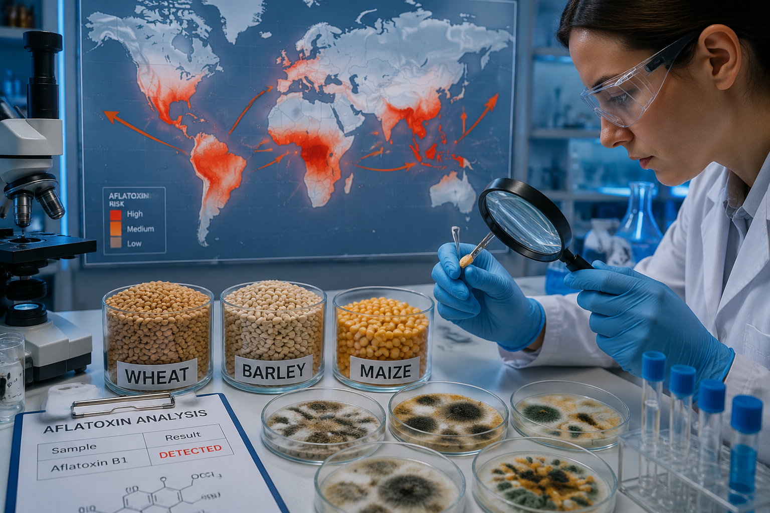 Detailed close-up laboratory scene () showing a scientist in gloves examining grain samples — wheat, barley, and maize