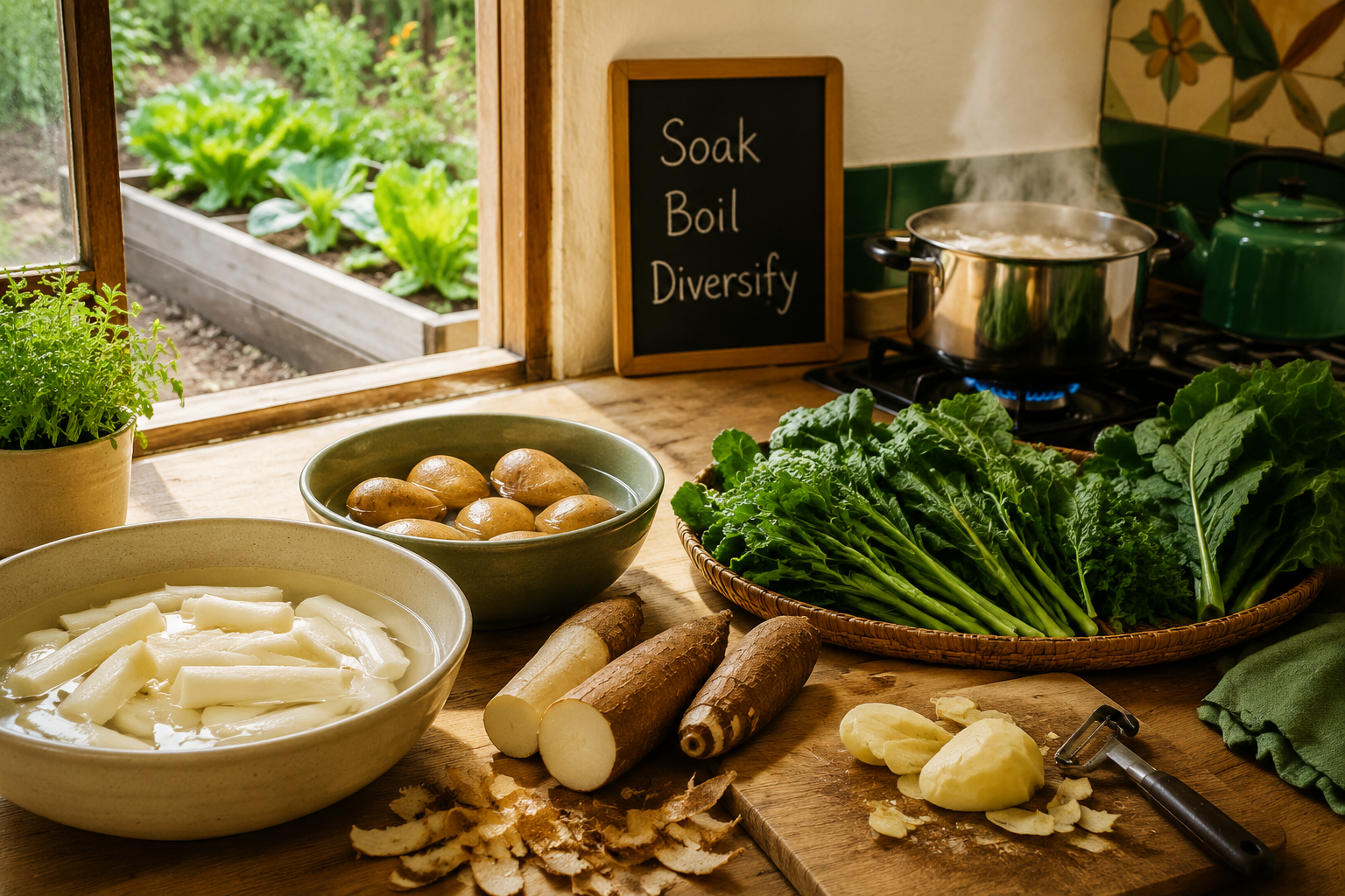 Practical kitchen and garden scene () showing a wooden kitchen counter with cassava, potatoes, and leafy greens being