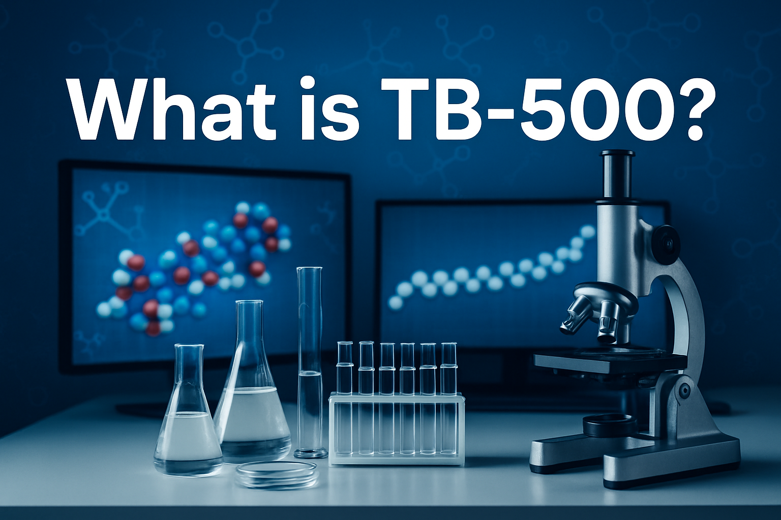 Professional landscape hero image (1536x1024) featuring bold text overlay 'What is TB-500?' in extra large 72pt white sans-serif font with d