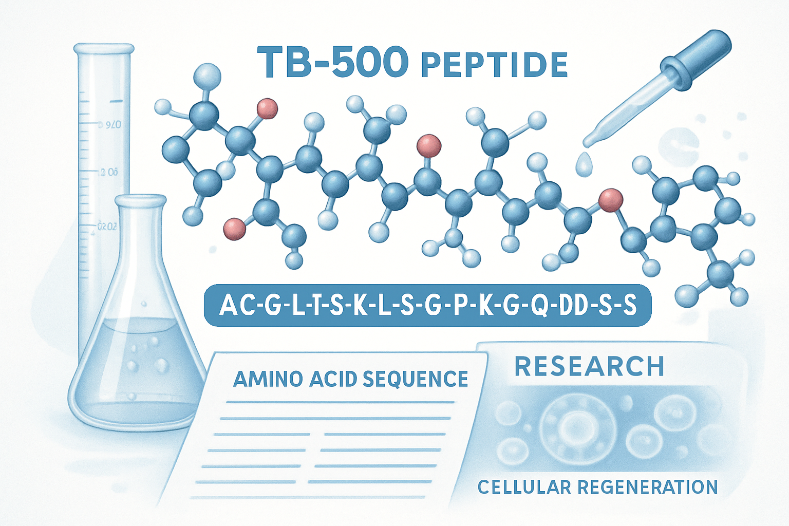 Scientific illustration showing TB-500 peptide molecular structure with amino acid sequence highlighted, laboratory glassware, research docu