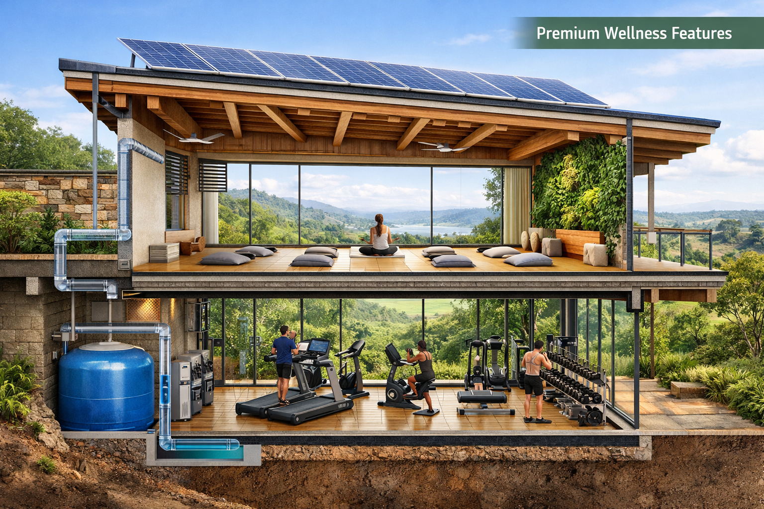 () editorial image showing detailed architectural cross-section view of wellness-integrated eco-residence in Brazil's
