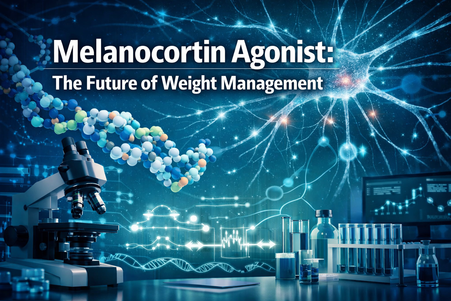 Professional landscape format (1536x1024) hero image featuring bold text overlay 'Melanocortin Agonist: The Future of Weight Management' in 