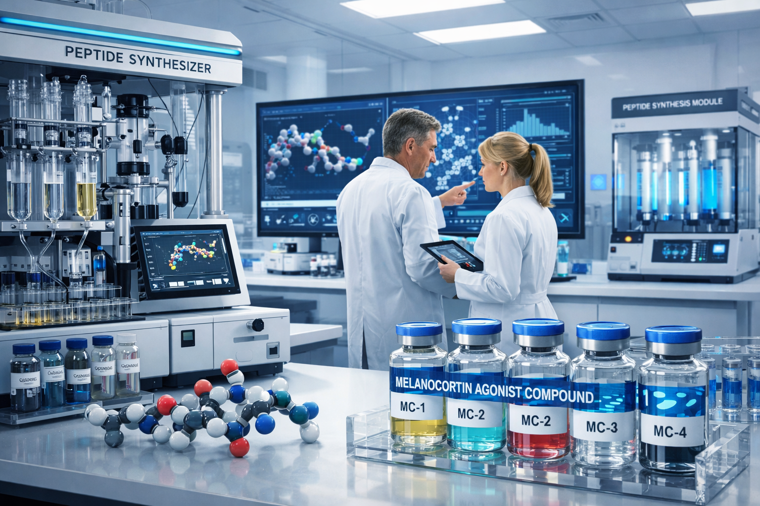 Landscape format (1536x1024) futuristic pharmaceutical laboratory scene showing peptide synthesis equipment, vials containing melanocortin a