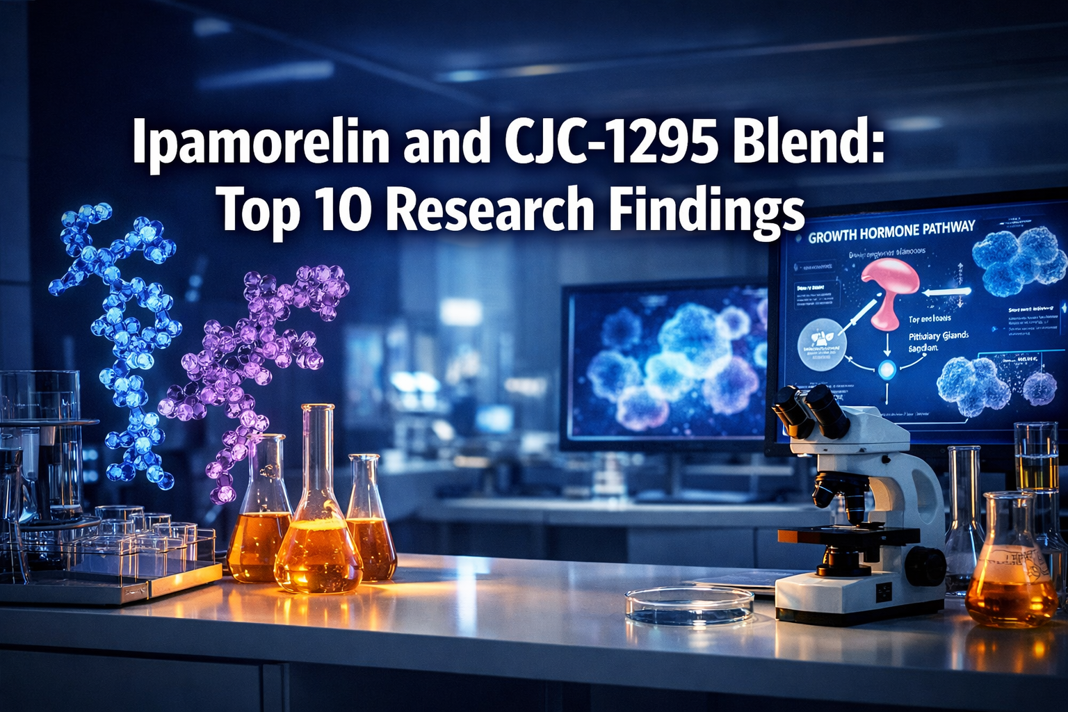 Professional landscape hero image (1536x1024) featuring bold text overlay 'Ipamorelin and CJC-1295 Blend: Top 10 Research Findings' in extra
