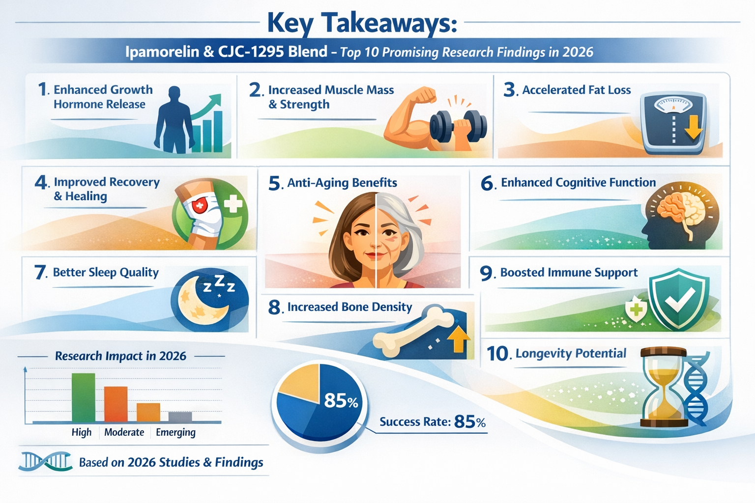 Professional landscape infographic (1536x1024) for article "Ipamorelin and CJC-1295 Blend: Top 10 Promising Research Findings in 2026", sect