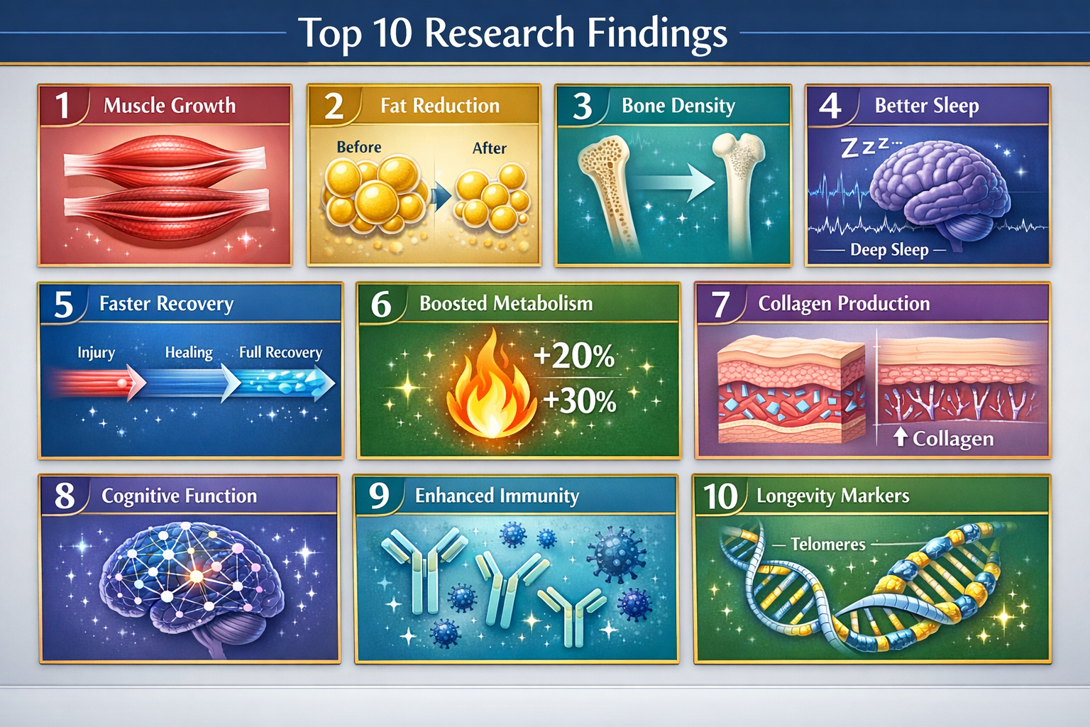 Landscape infographic (1536x1024) presenting top 10 research findings as numbered visual cards arranged in grid layout. Each card contains m