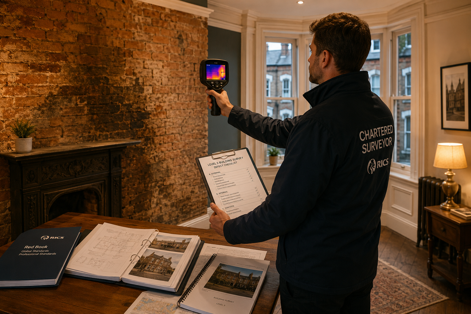 Wide-angle editorial photograph of a professional chartered surveyor conducting a Level 3 building survey inspection inside