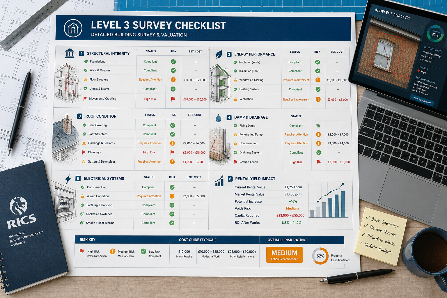 Flat-lay infographic-style image showing a structured Level 3 survey checklist spread across a drafting table: sections