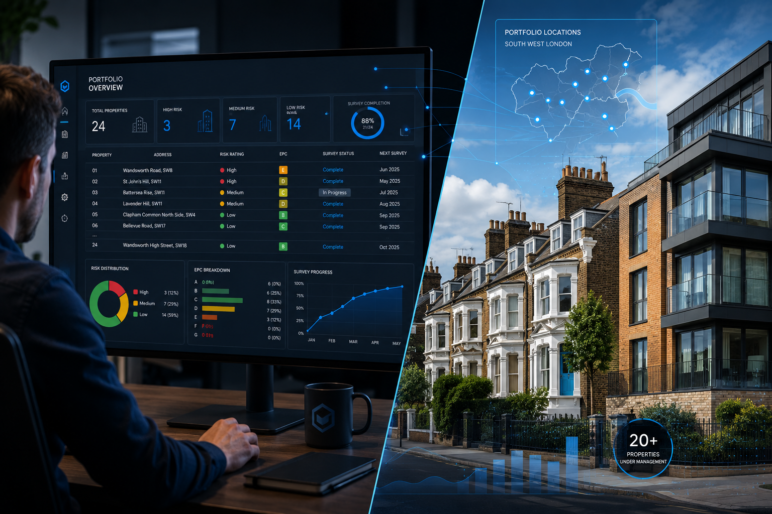Dynamic split-screen editorial image: left side shows a modern institutional landlord reviewing a digital portfolio