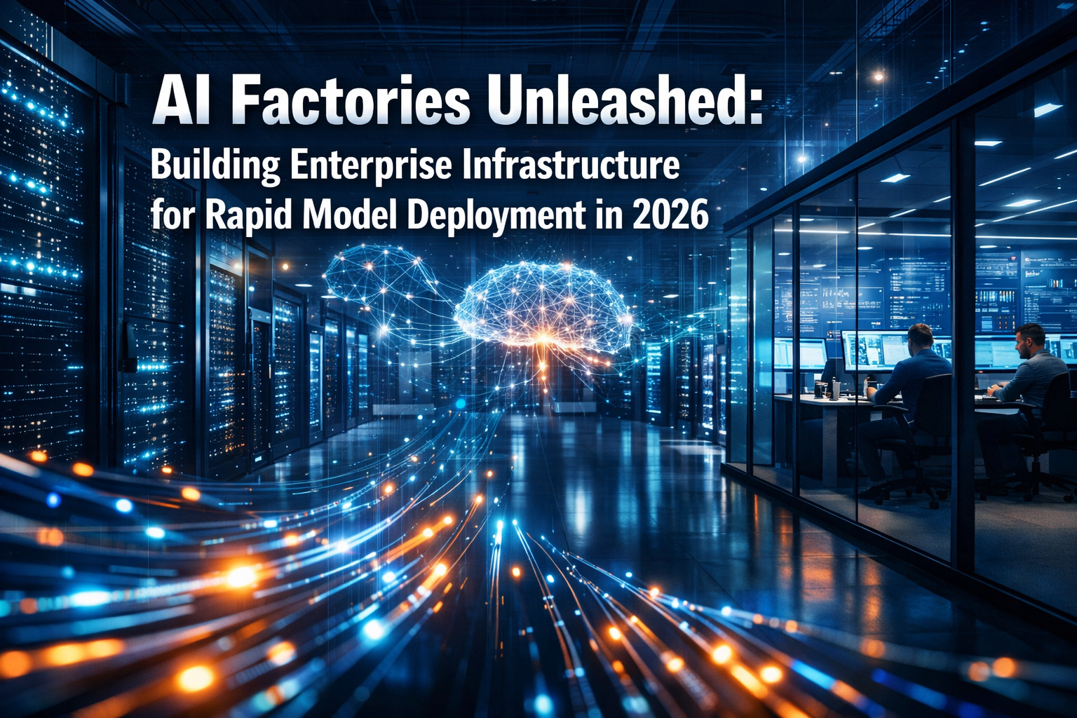 Professional landscape format (1536x1024) editorial hero image featuring bold text overlay 'AI Factories Unleashed: Building Enterprise Infr