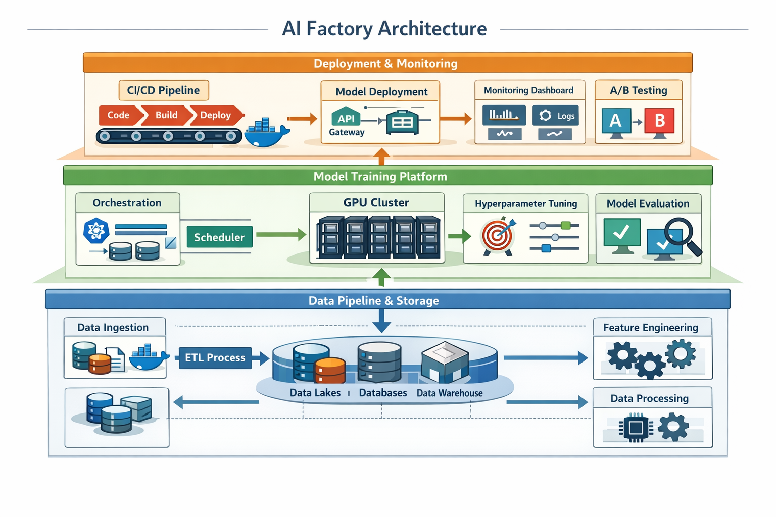 Detailed landscape format (1536x1024) infographic illustration showing AI factory architecture blueprint with three distinct layers: bottom