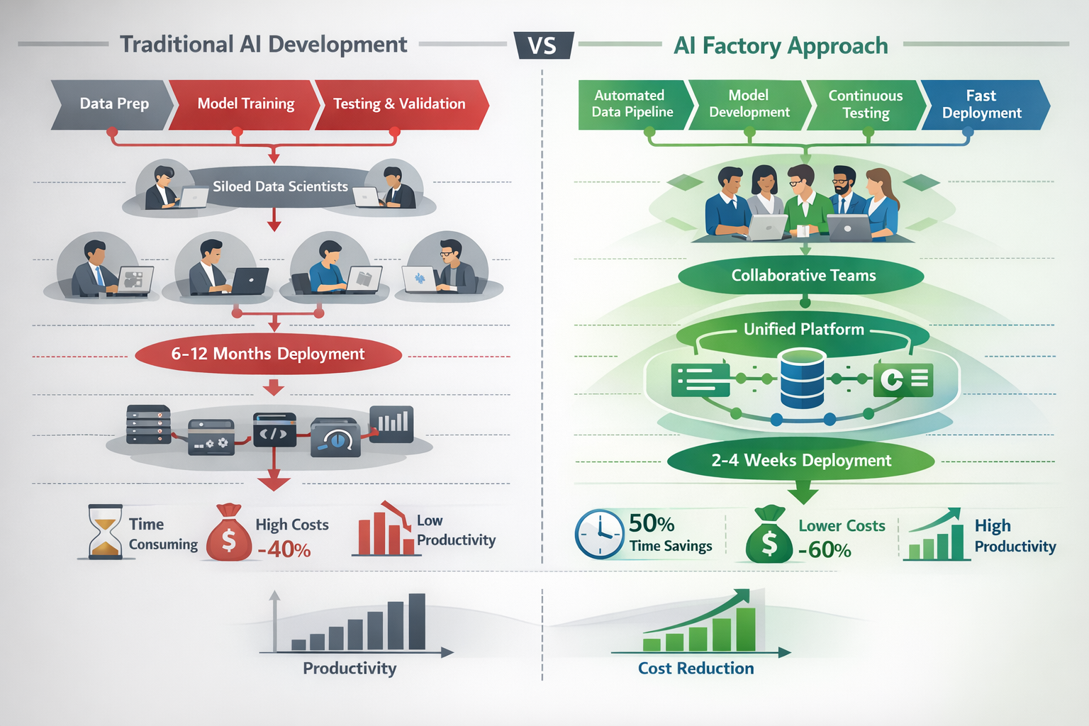 Comprehensive landscape format (1536x1024) comparison visualization showing traditional AI development workflow versus AI factory approach s