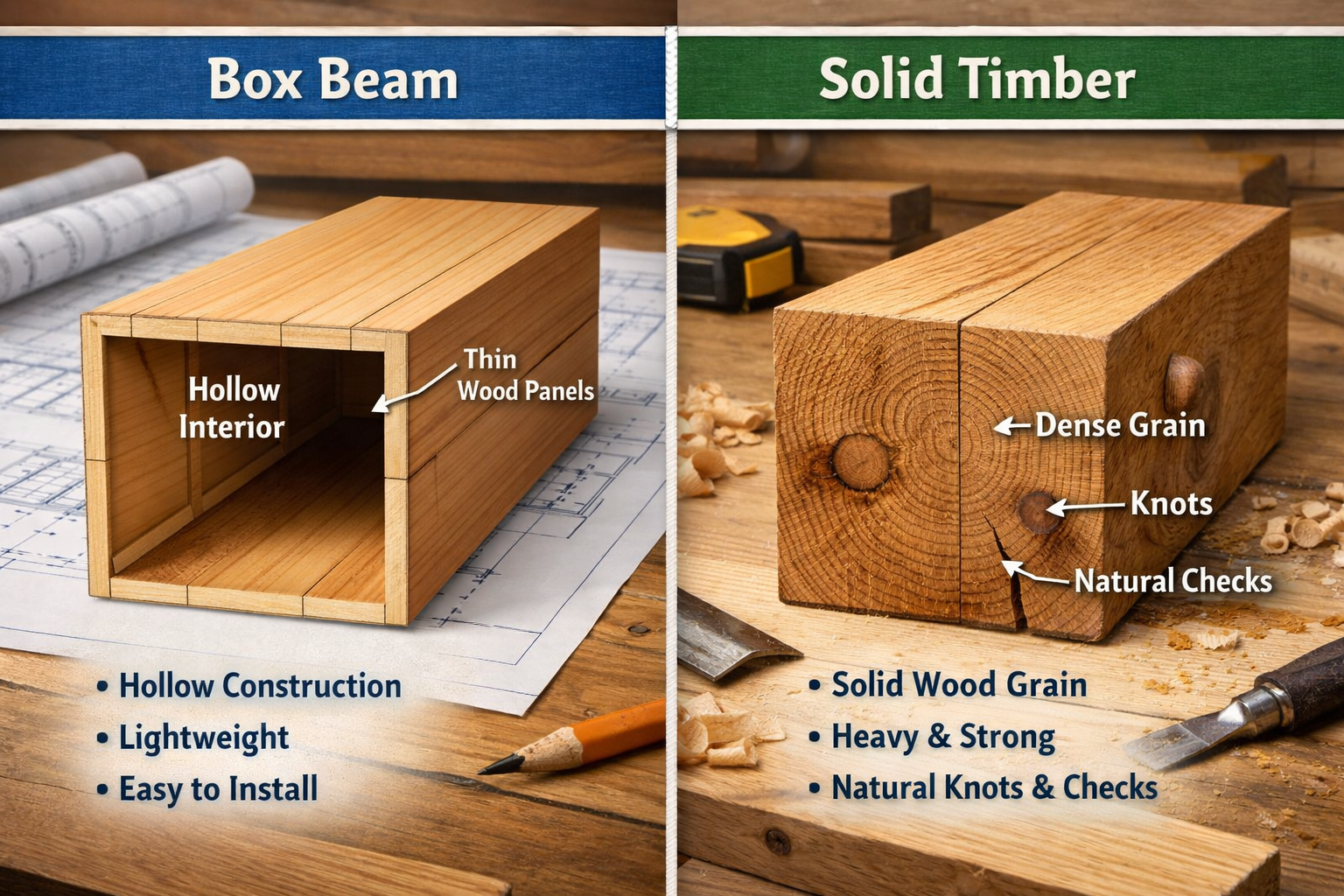 A detailed landscape format (1536x1024) image comparing the fabrication and structural differences of box beams versus solid timbers. On one