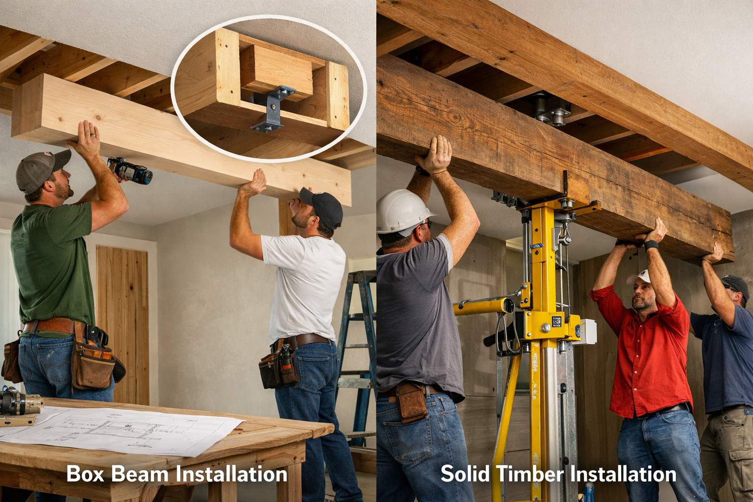 A landscape format (1536x1024) image depicting the installation process for both box beams and solid timbers in a residential ceiling settin