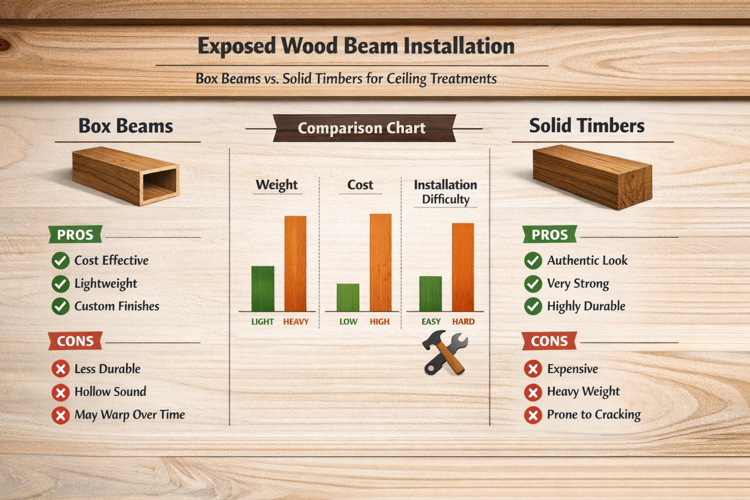 A landscape format (1536x1024) infographic or comparison table visually presenting the pros and cons of box beams vs. solid timbers for ceil