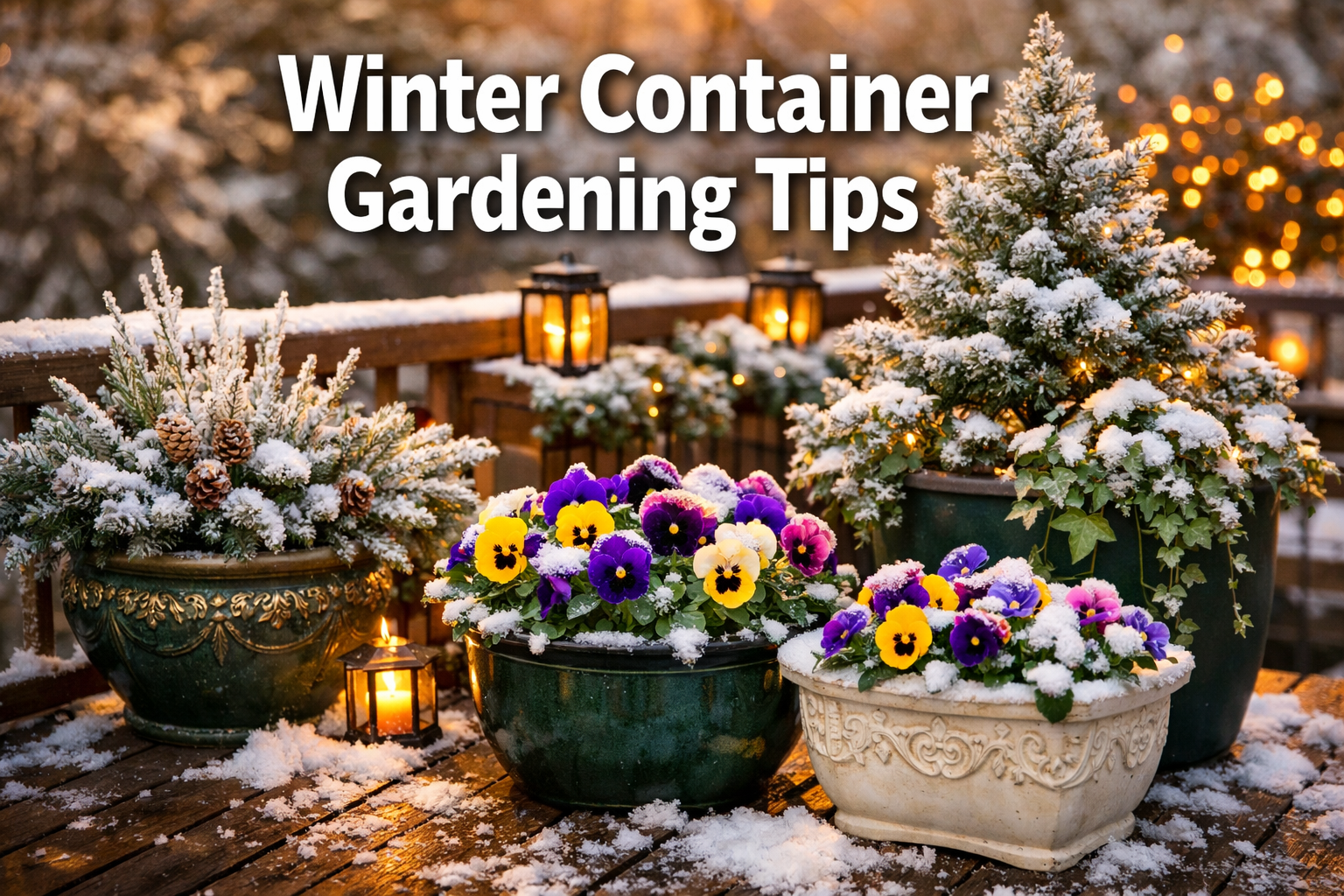 All images must be as if shot with an SLR camera Professional () hero image with 'Winter Container Gardening Tips' in extra