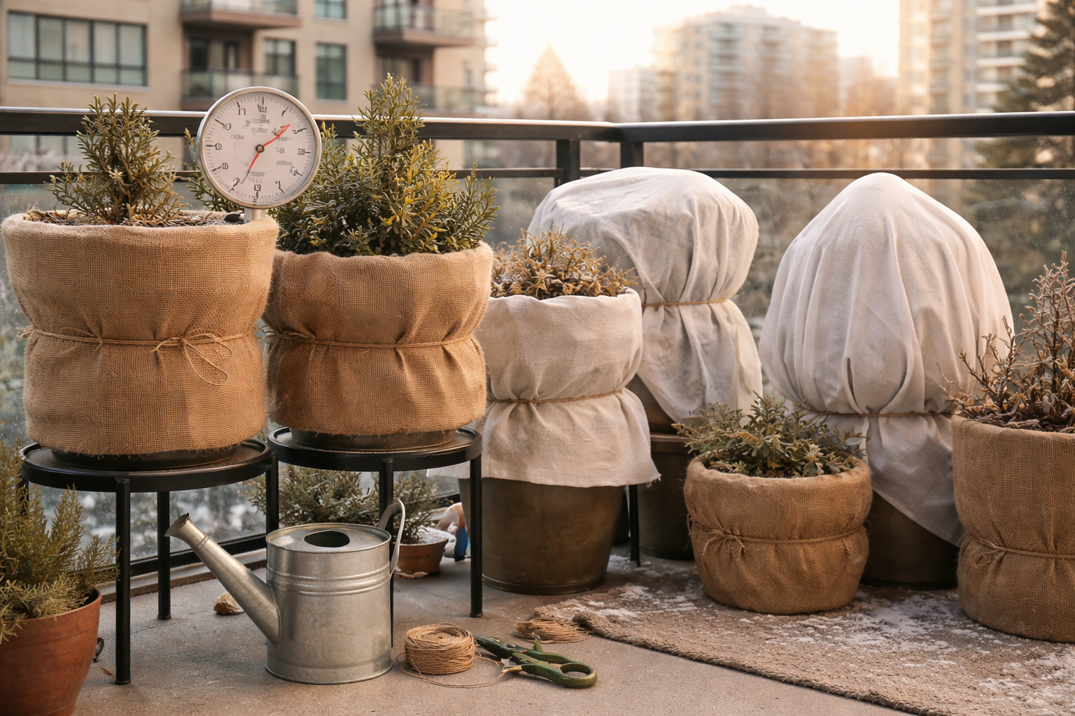 All images must be as if shot with an SLR camera () image showing winter container protection methods, side view of grouped