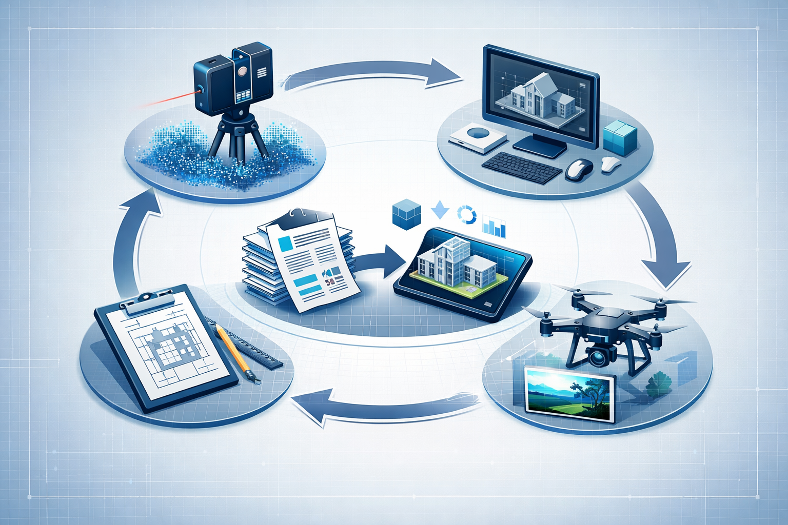 Key Takeaways section visual: Isometric infographic with interconnected digital survey tools icons - laser scanner, 3D modeling software, dr