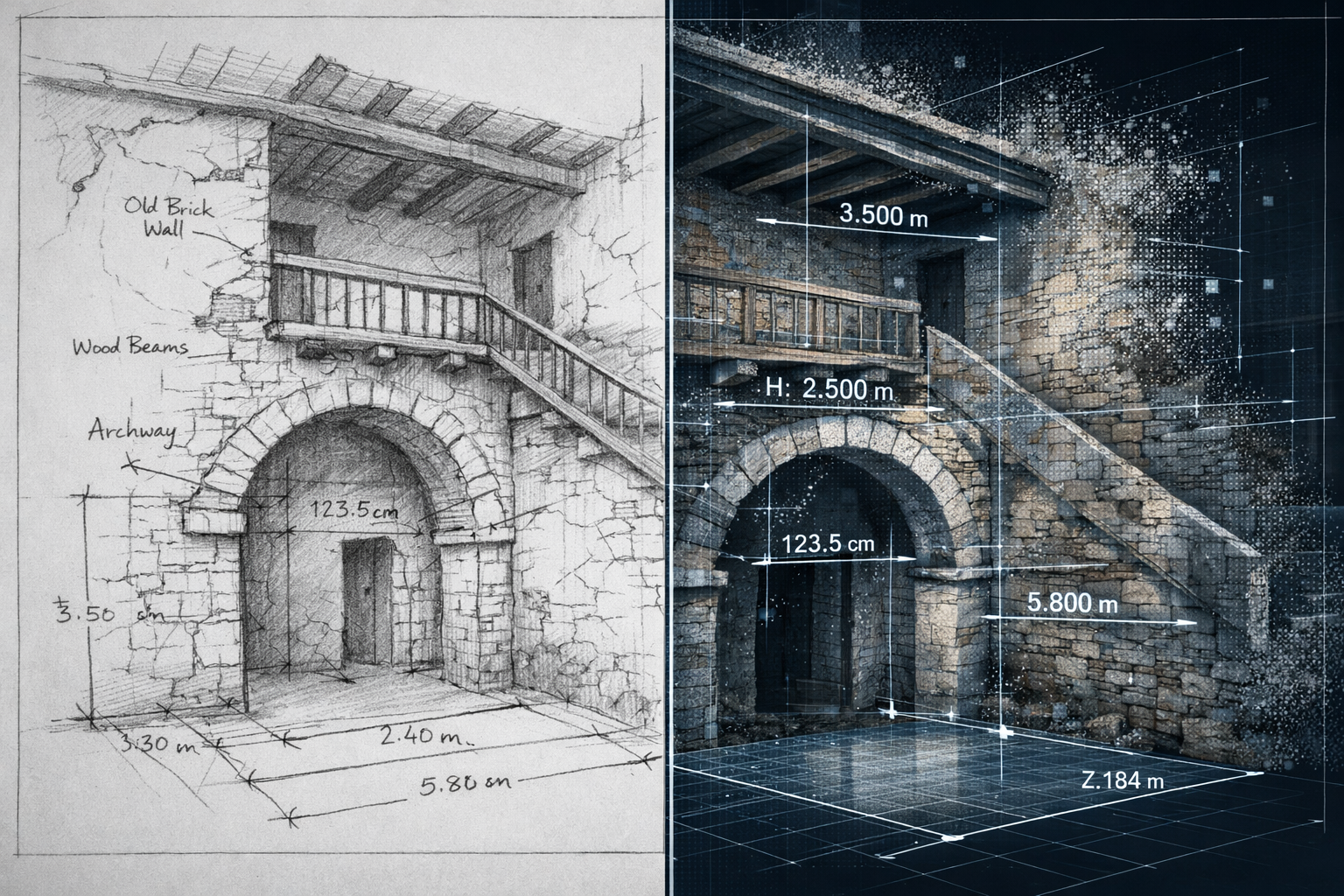 Evolution from Written Descriptions to Visual Documentation section: Split-screen visual comparison showing traditional hand-drawn architect
