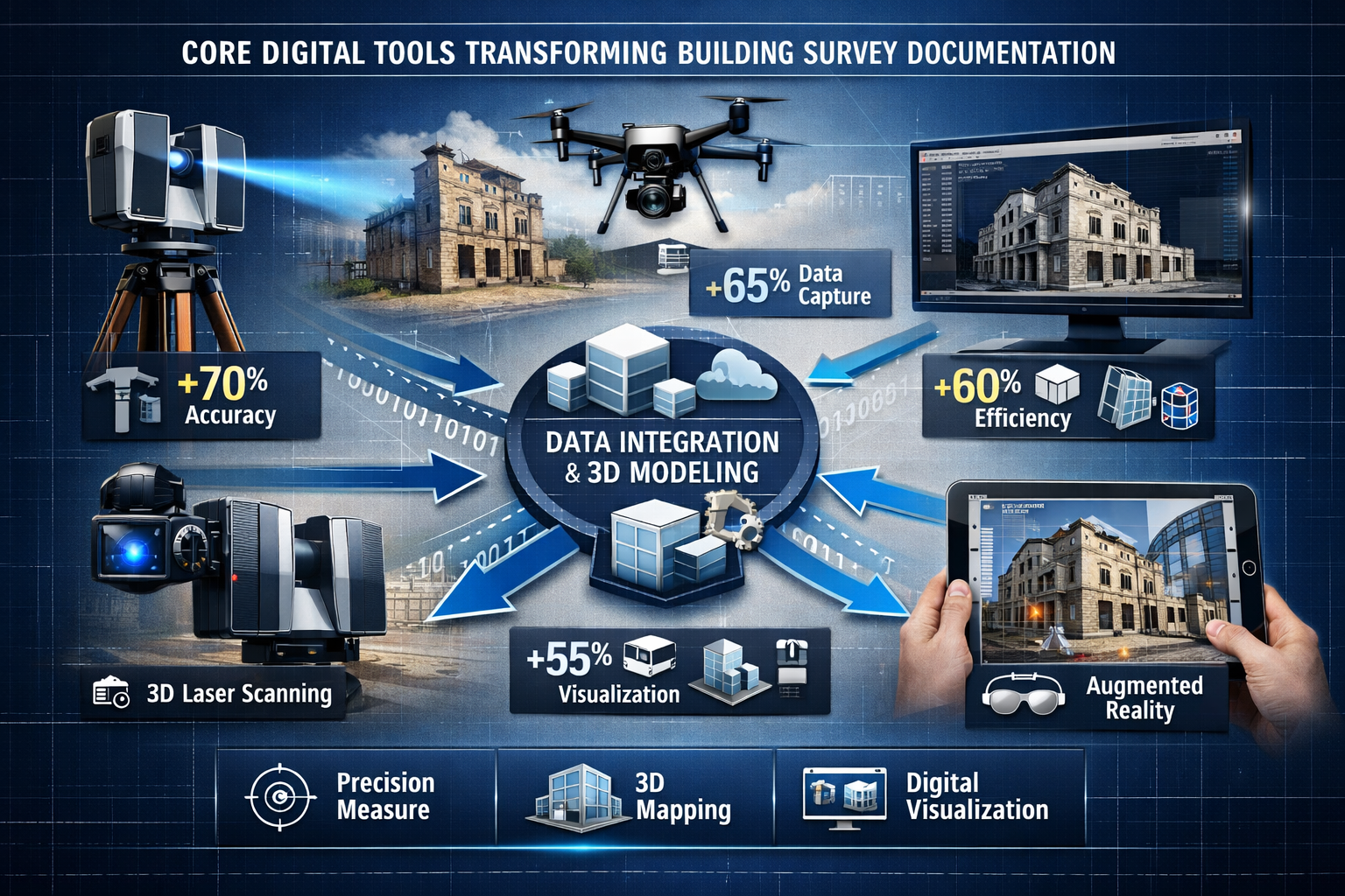 Core Digital Tools Transforming Building Survey Documentation section: Comprehensive infographic displaying multiple digital surveying techn