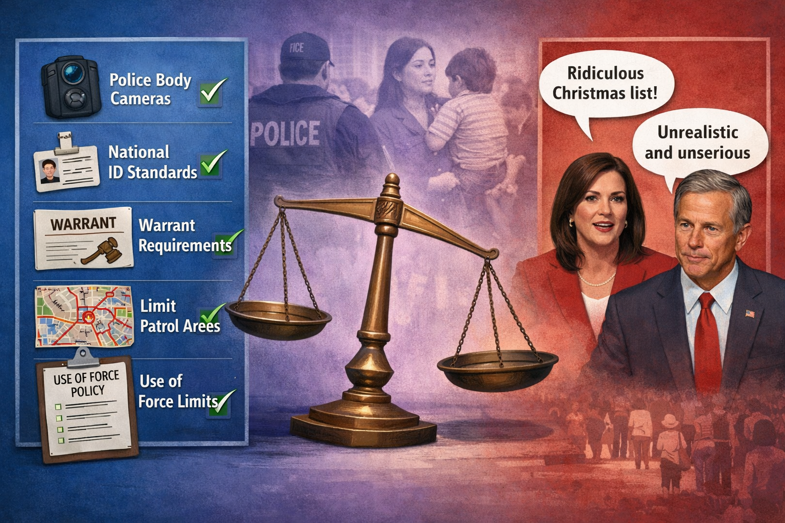 Landscape format (1536x1024) conceptual illustration depicting Democratic reform demands versus Republican resistance. Left panel shows chec