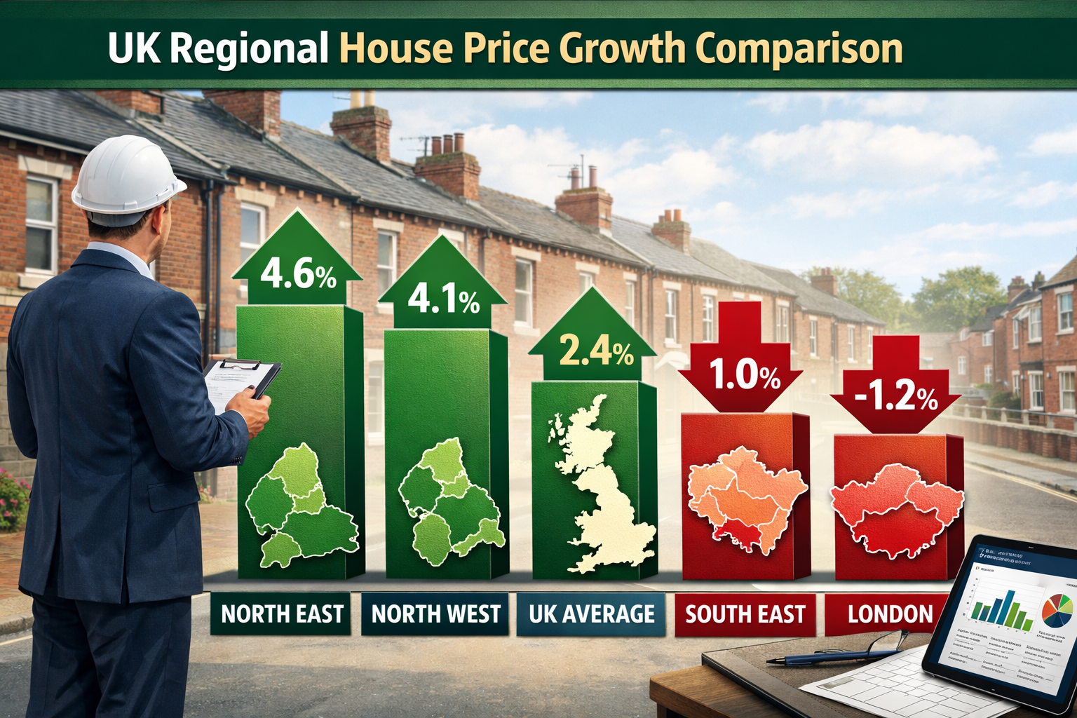 Detailed landscape format (1536x1024) infographic showing UK regional house price growth comparison chart with North East England at 4.6%, N