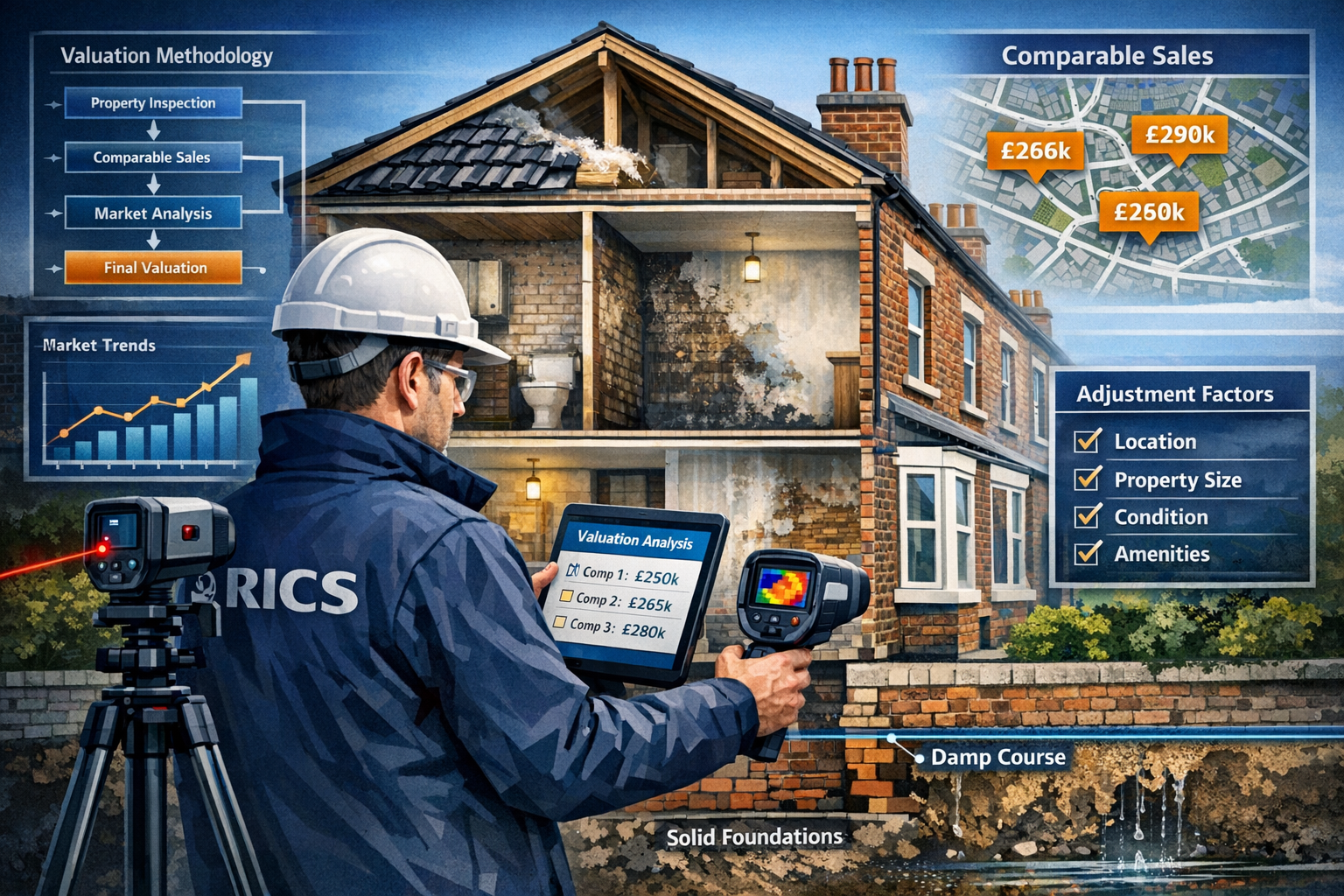 Detailed landscape format (1536x1024) illustration depicting professional RICS surveyor conducting property valuation in Northern England Vi
