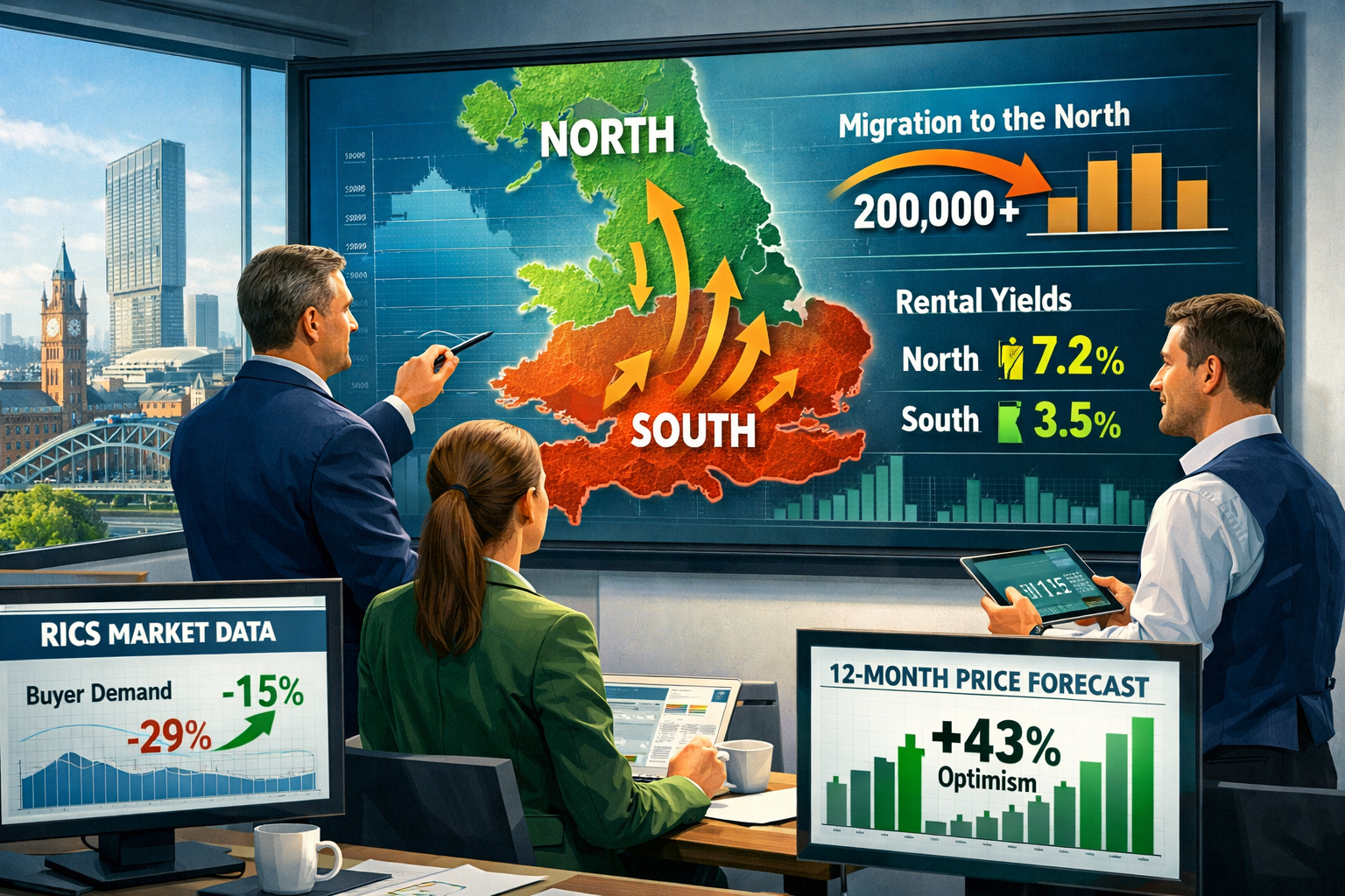 Detailed landscape format (1536x1024) concept visualization showing future-focused surveyor strategies for 2026-2027 Northern England proper