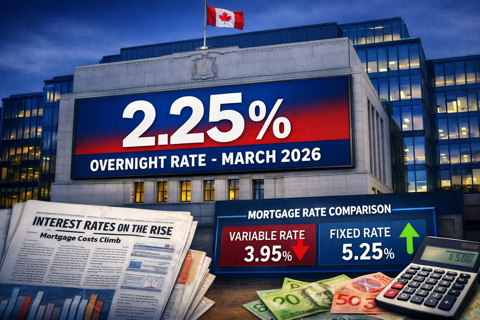 () editorial image showing Bank of Canada building exterior with large digital display board showing '2.25% OVERNIGHT RATE -