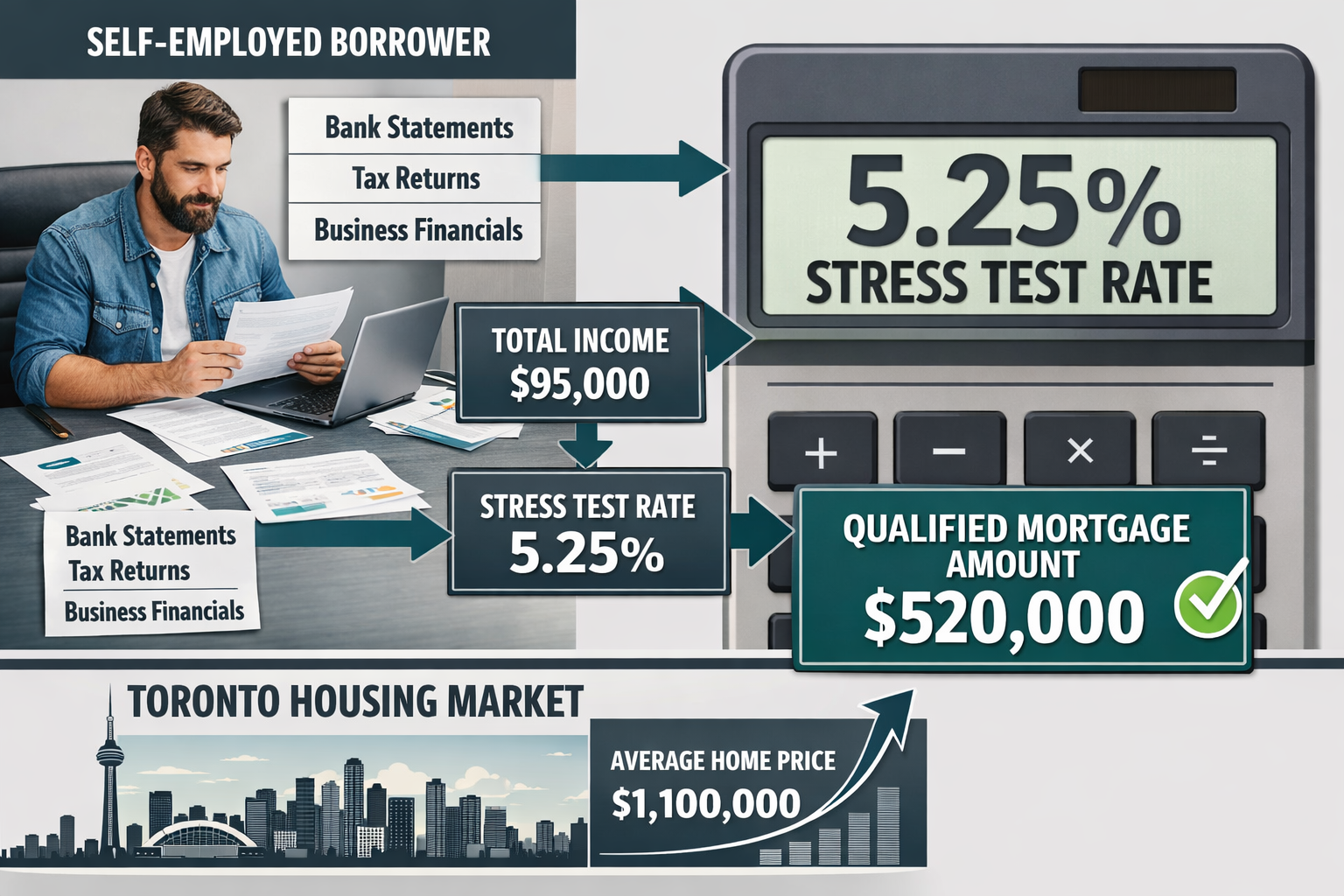 () detailed infographic-style image showing mortgage stress test calculation process. Split-screen composition: left side