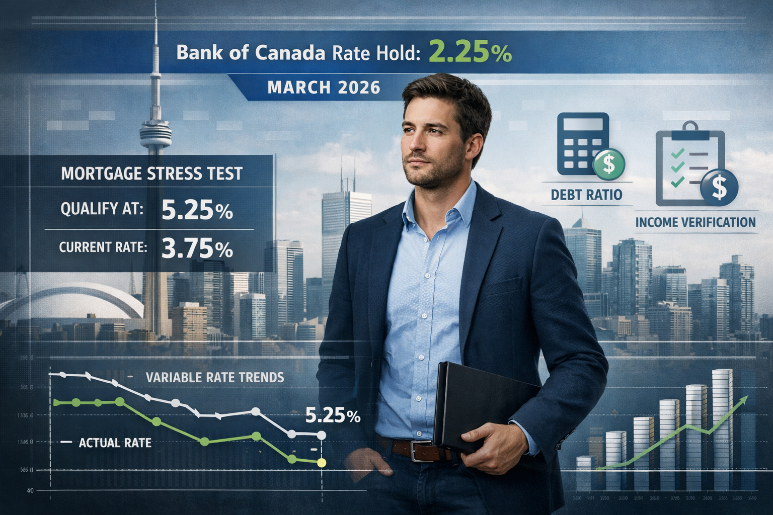 Editorial-style financial visualization depicting a self-employed professional in Toronto navigating a complex mortgage