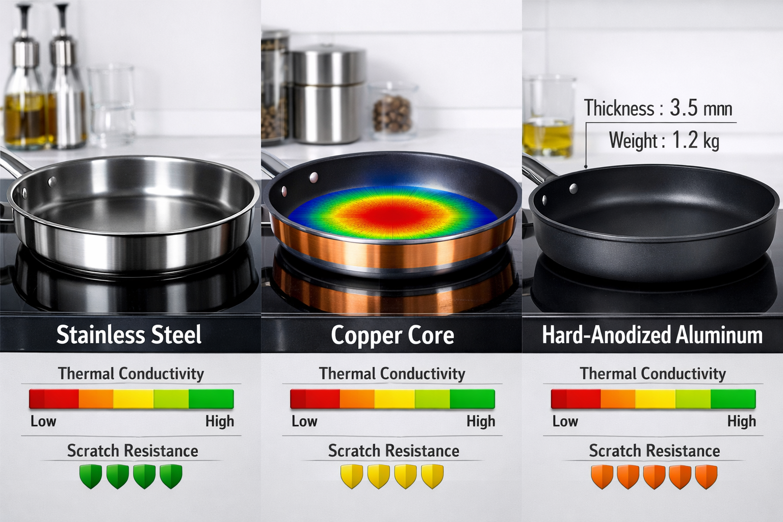 Detailed landscape format (1536x1024) image showing close-up comparison of different cookware materials on glass stovetop surface. Left side