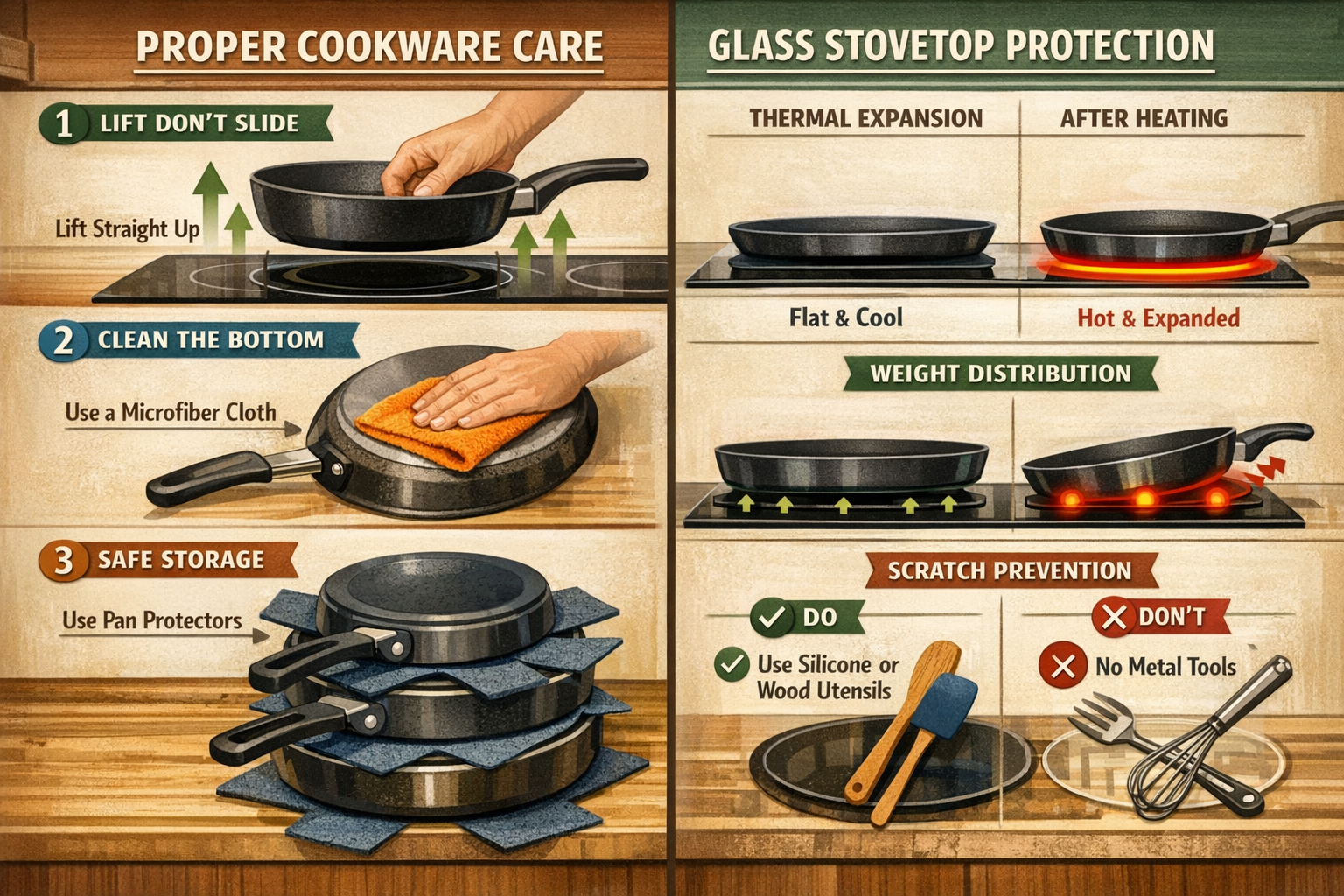 Detailed landscape format (1536x1024) educational diagram showing proper cookware maintenance and glass stovetop protection techniques. Spli