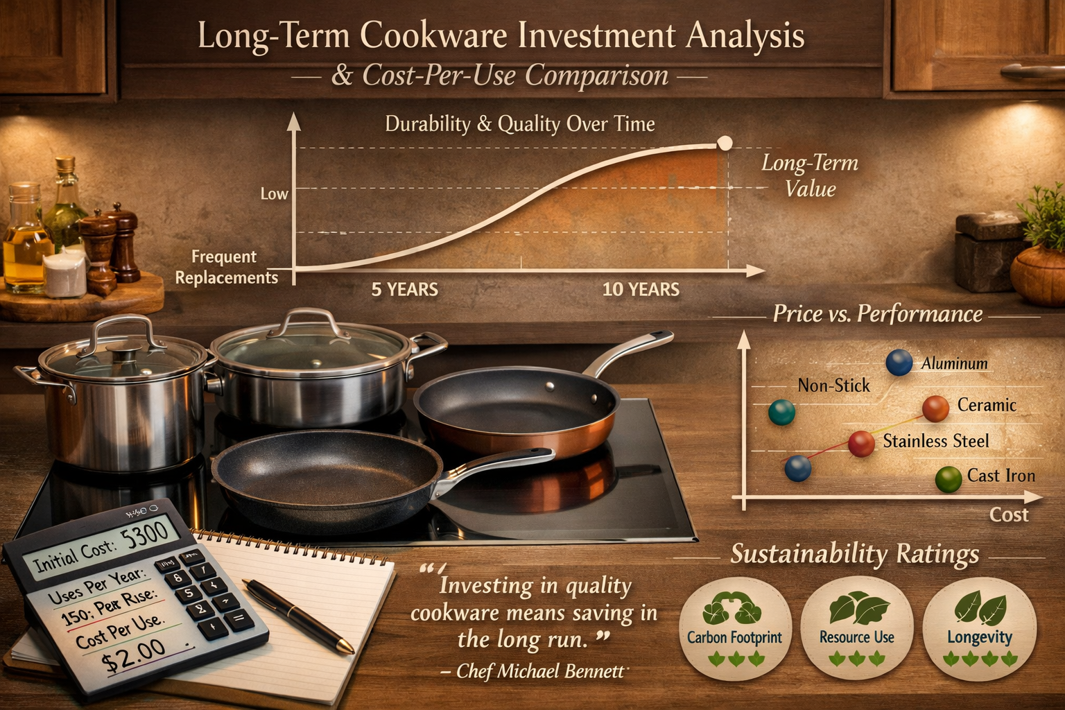 Engaging landscape format (1536x1024) image showcasing long-term cookware investment analysis and cost-per-use comparison. Features elegant 
