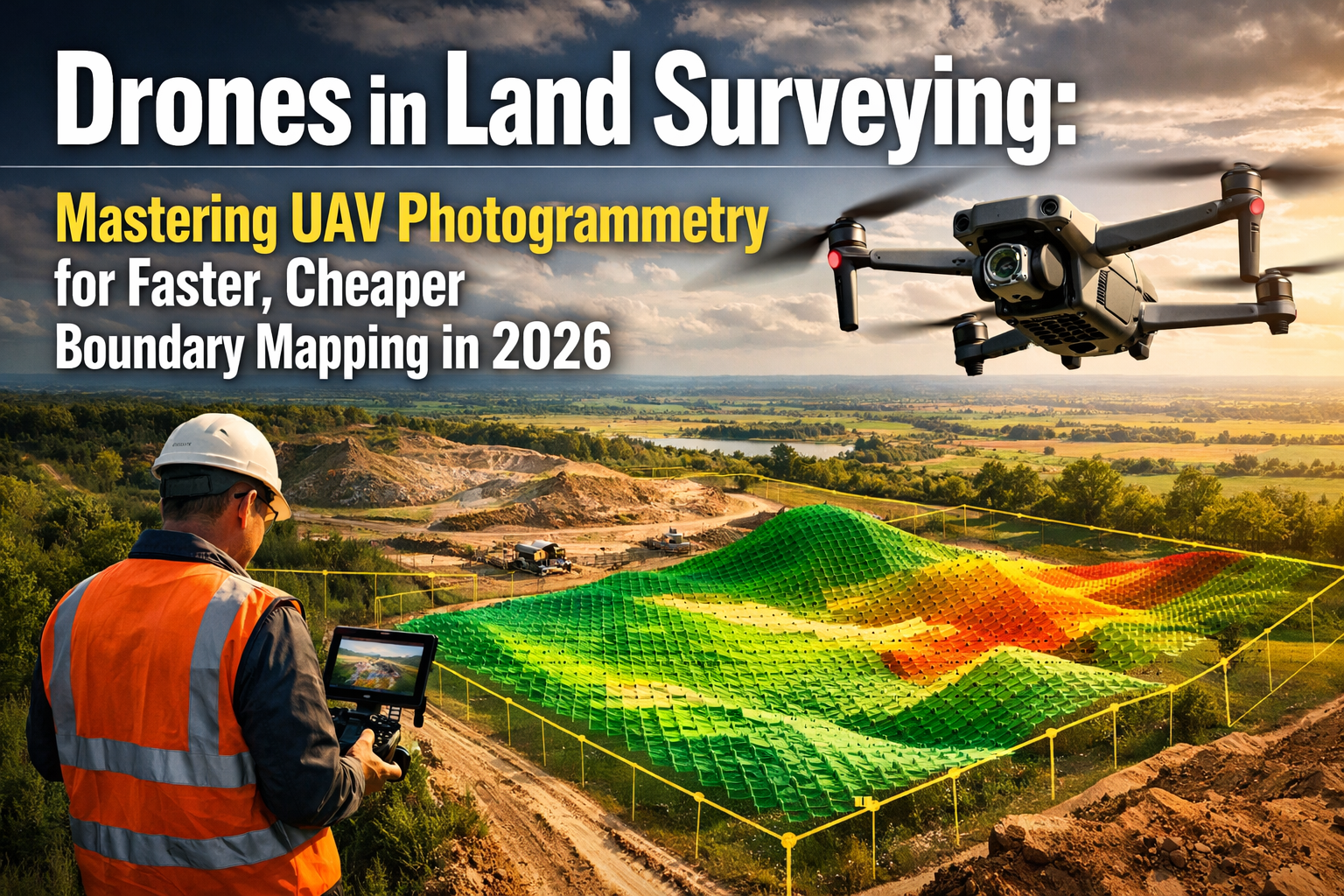 Professional landscape hero image (1536x1024) with bold text overlay: "Drones in Land Surveying: Mastering UAV Photogrammetry for Faster, Ch