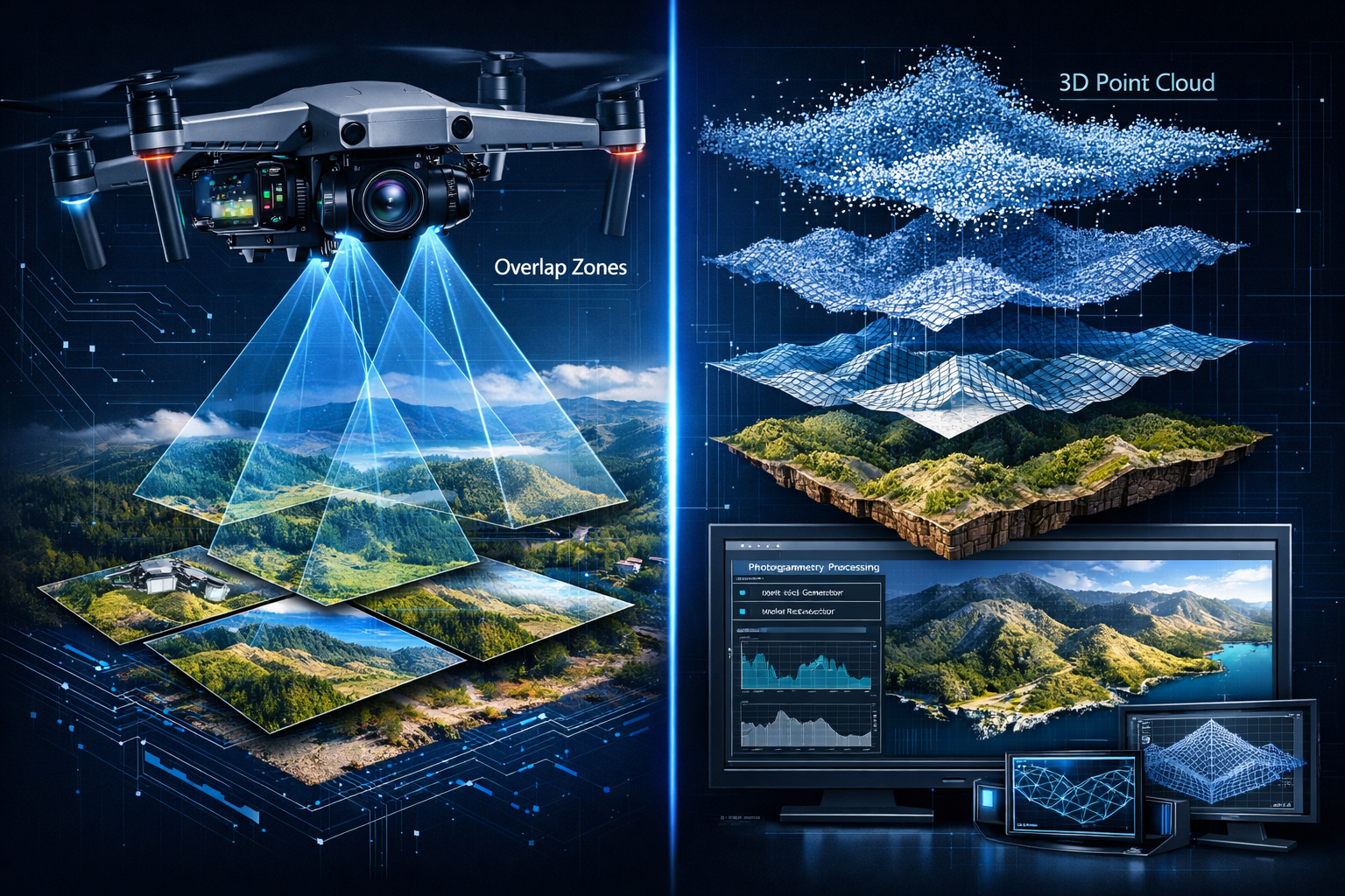 UAV Photogrammetry Technology section technical illustration showcasing a cross-sectional view of drone photogrammetry workflow. Split-scree