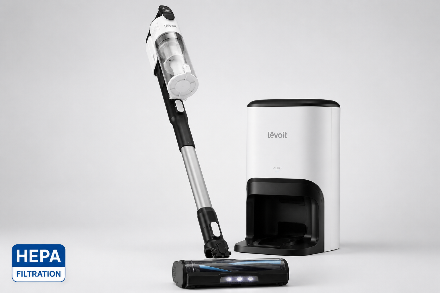 Professional product showcase of LEVOIT AERO Cordless Vacuum with Auto-Empty Station displayed upright on a light gray