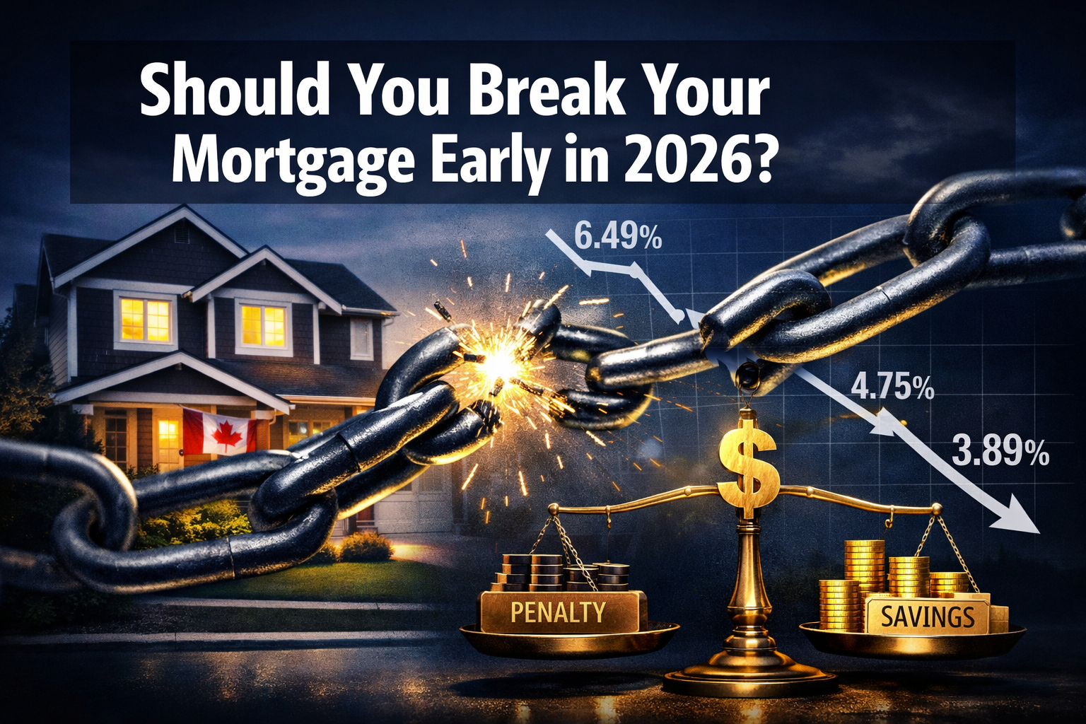 Professional () hero image with : 'Should You Break Your Mortgage Early in 2026?' in extra large white with dark