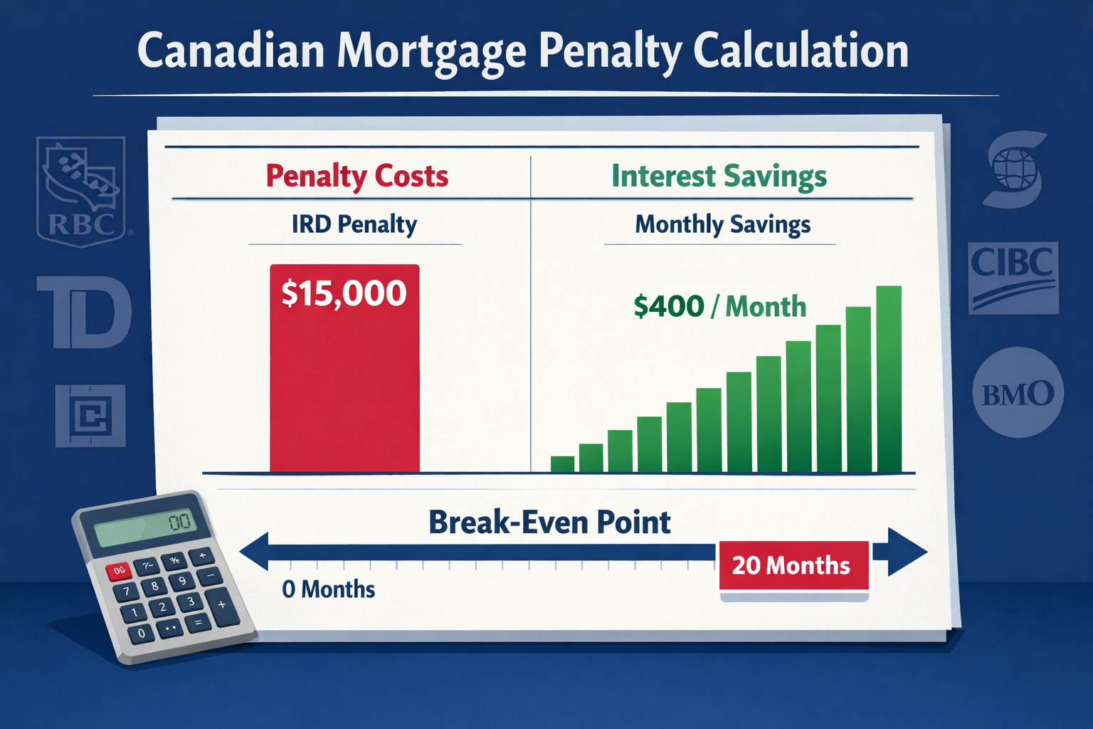 () infographic-style illustration showing a Canadian mortgage penalty calculation breakdown: a large balance sheet with two