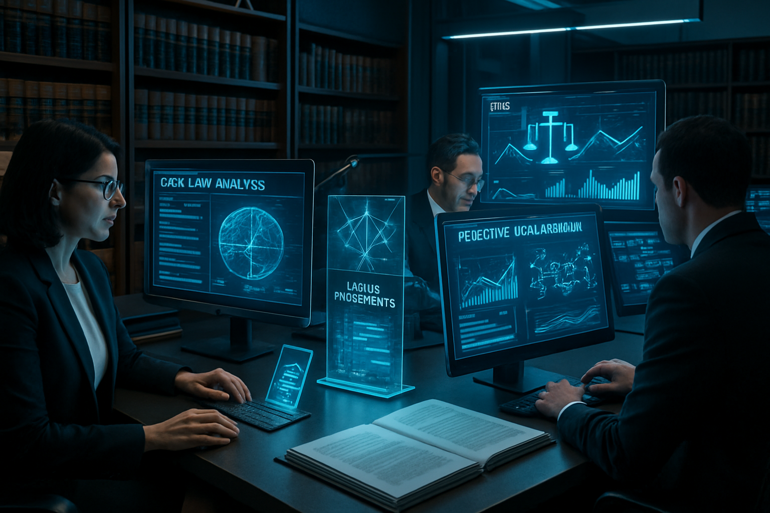 Modern law office scene showing AI-powered legal research in action, with lawyers using advanced computer interfaces displaying case law ana