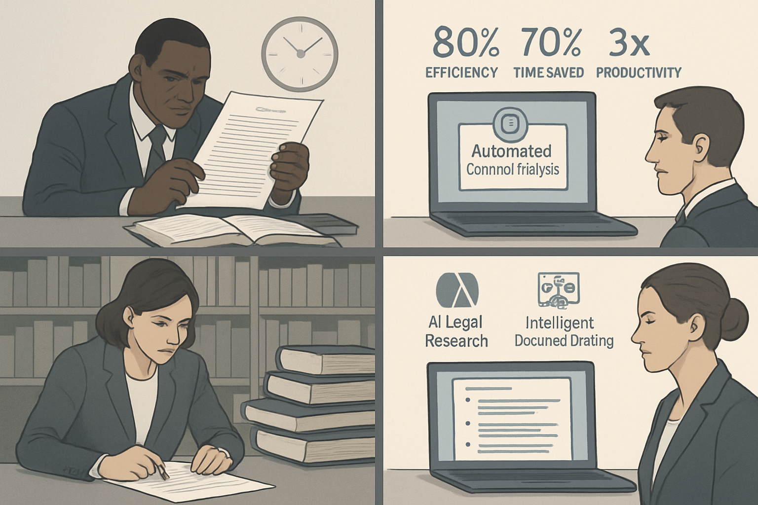 Split-screen composition showing traditional legal tasks on left versus AI-enhanced versions on right. Left side: lawyers manually reviewing