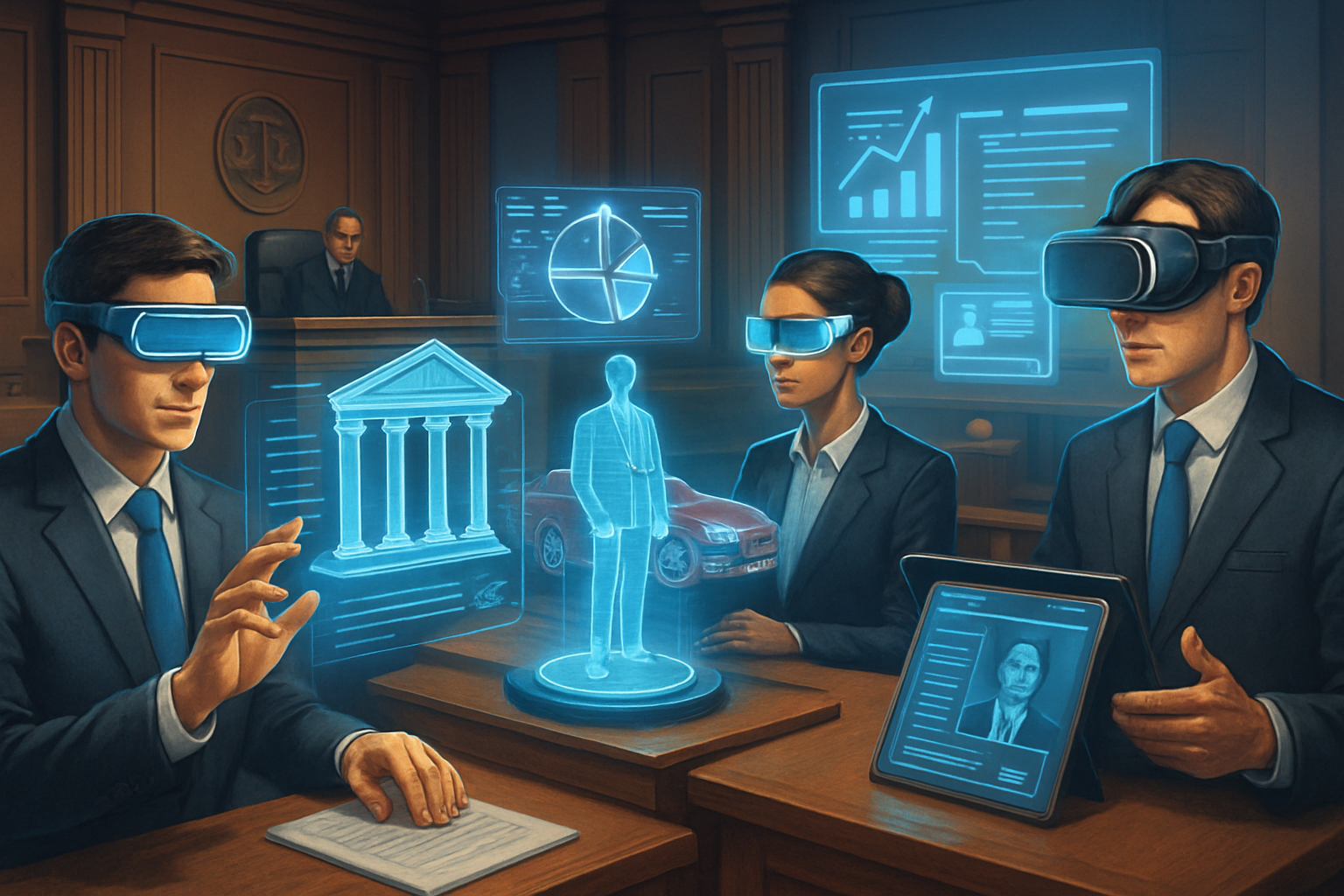 Futuristic courtroom scene depicting next-generation legal practice with AI-assisted litigation, virtual reality case presentations, hologra