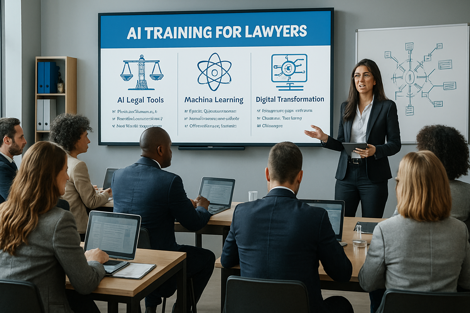 Professional development scene showing lawyers adapting to AI integration through specialized training programs, upskilling workshops, and t