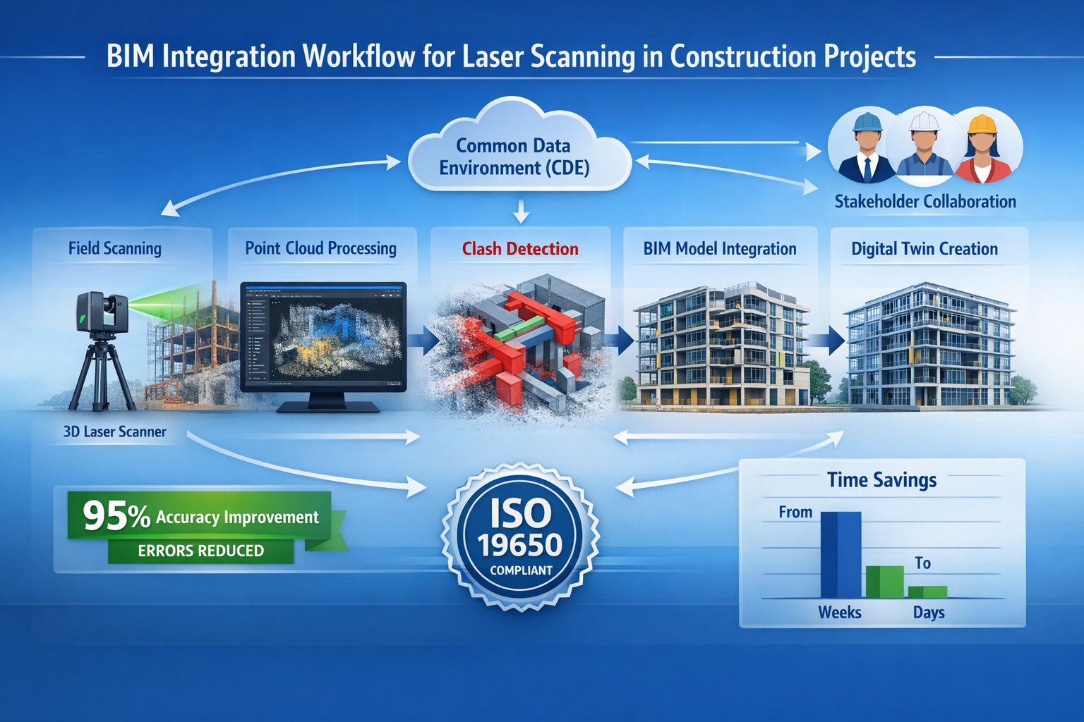 Detailed landscape format (1536x1024) infographic showing BIM integration workflow for laser scanning in construction projects. Central diag