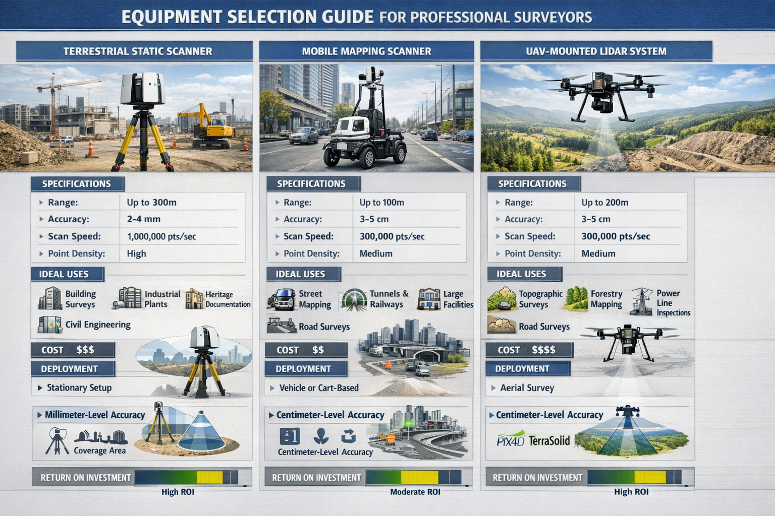 Detailed landscape format (1536x1024) technical comparison chart showing equipment selection guide for professional surveyors. Three columns